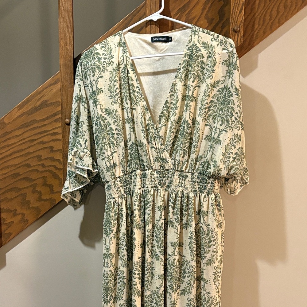 Meettrendi Green Floral Smocked Waist Midi Dress XL Boho